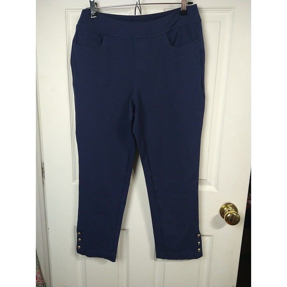 Belle By Kim Gravel Woman 10 Blue Flat Pants Pockets Gold Button Ankle...